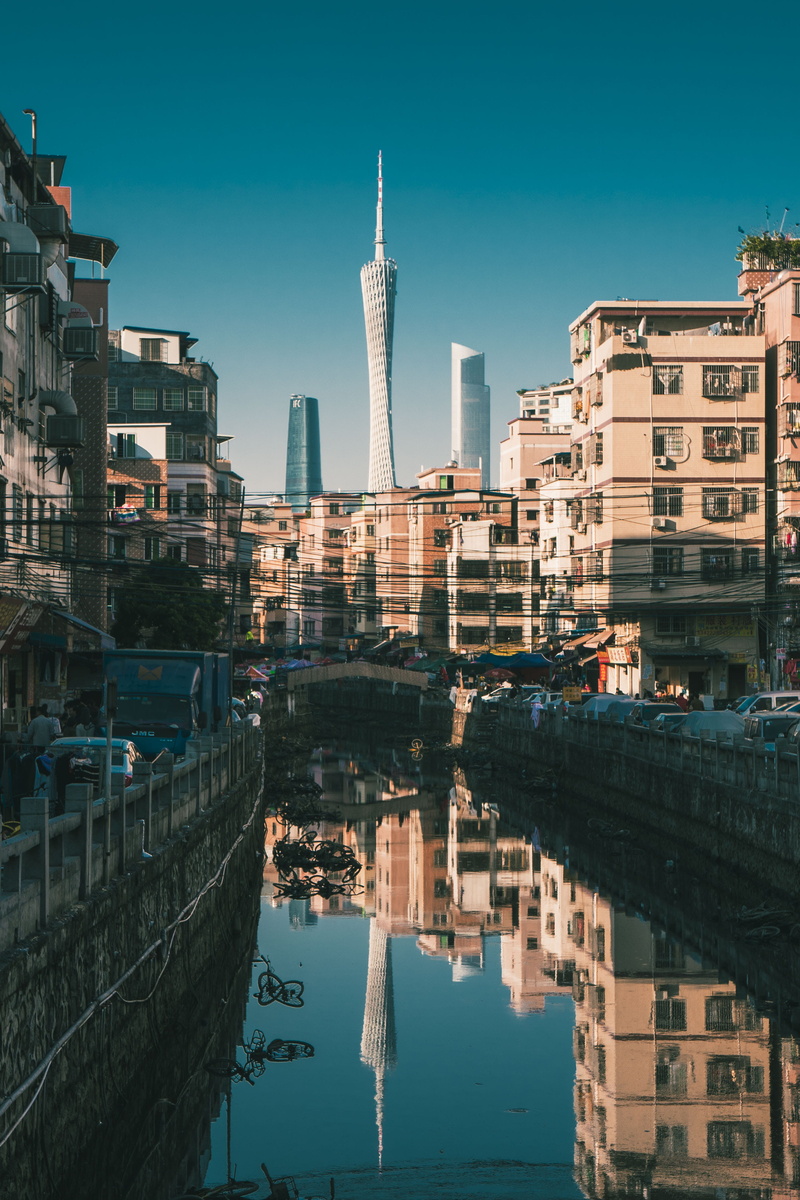 town, blue, tower, urban, shadow, architecture, built structure, skyscraper, apartment building, water, scenery, calm, building exterior, waterfront, no people