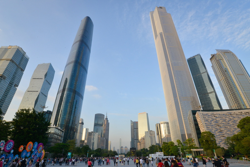 5K, sky, built structure, skyscrapers, city, tall, blue, building exterior, modern, crowd, day, large group of people, office building exterior, travel destinations