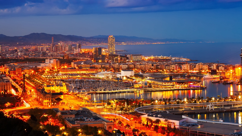 spain, travel destinations, harbor, urban skyline, europe, built structure, city, cityscape, night, nature, evening, building exterior, water, 4K, citylights