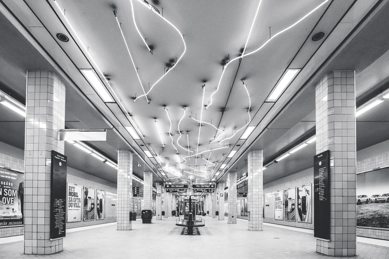 citylights, empty, city, indoors, metro, bw, building, illuminated, lights, subway, public transportation, ceiling, transportation, built structure, light