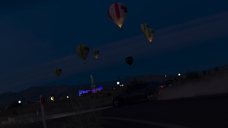 mid-air, forza horizon 3, car, Forza, transportation, sky, ballooning festival, illuminated, motion, city, night, dusk, no people, mode of transportation