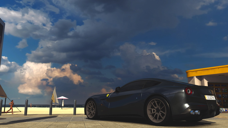 mode of transportation, street, built structure, forza horizon 3, sunlight, stationary, wheel, 4K, parking, sky, car, city, cloud - sky, land vehicle