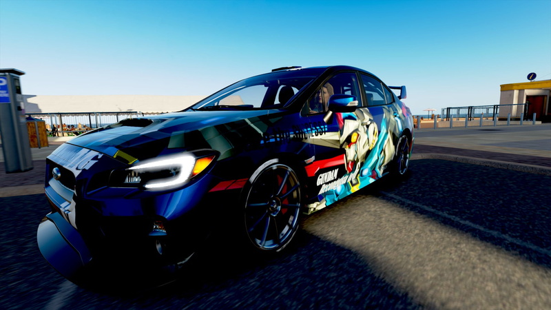 car, travel, video games, sky, Subaru WRX, architecture, blue, 1080P, outdoors, transportation, wheel, road, motor vehicle, no people, sunlight, day, stationary