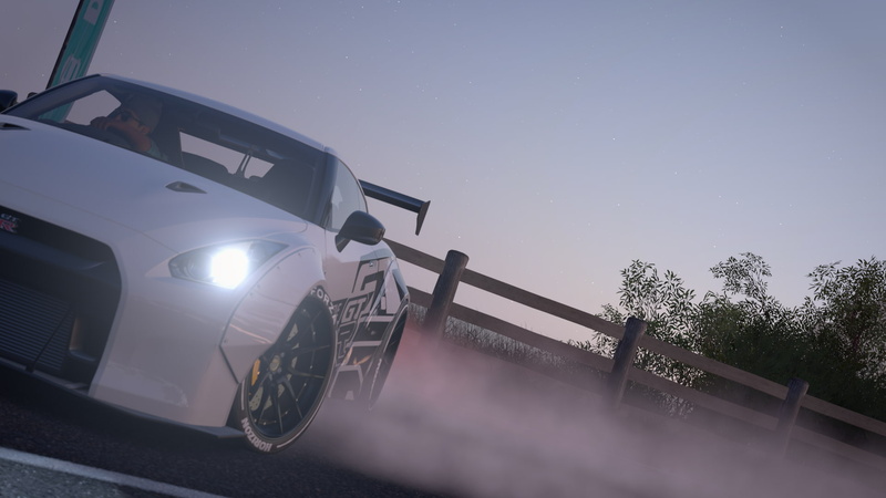 motor vehicle, railing, outdoors, plant, tree, headlight, illuminated, land vehicle, no people, cinematic, nature, mode of transportation, wheel, forza horizon 3