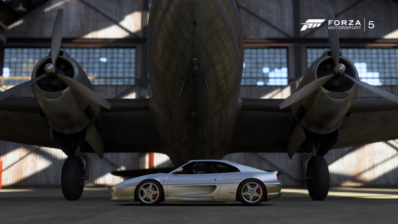 luxury, built structure, motor vehicle, Ferrari 355, airport runway, no people, day, focus on foreground, Forza Motorsport 5, 1080P, air vehicle, close-up