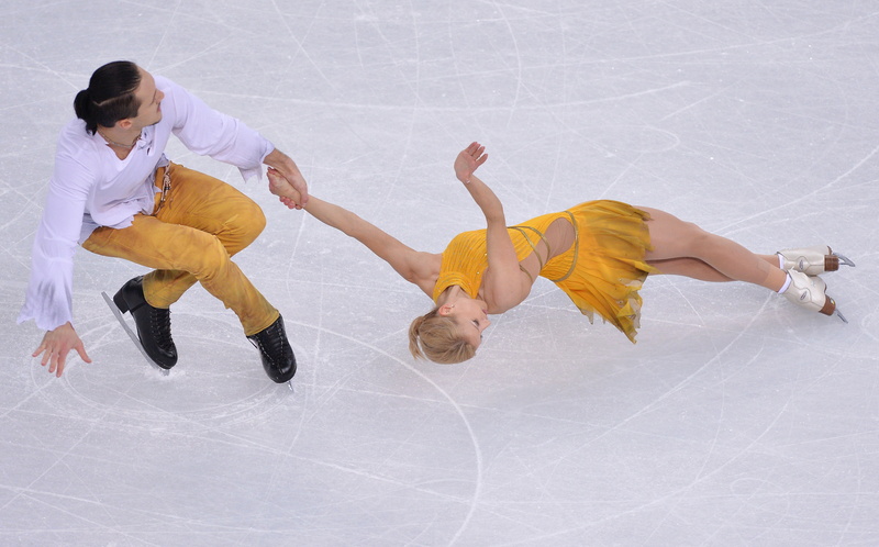 4K, Maxim Trankov, dress, Tatiana Volosozhar, pair, sleeveless, Russia, yellow, figure skating, Sochi 2014, s, women, The XXII Winter Olympic Games