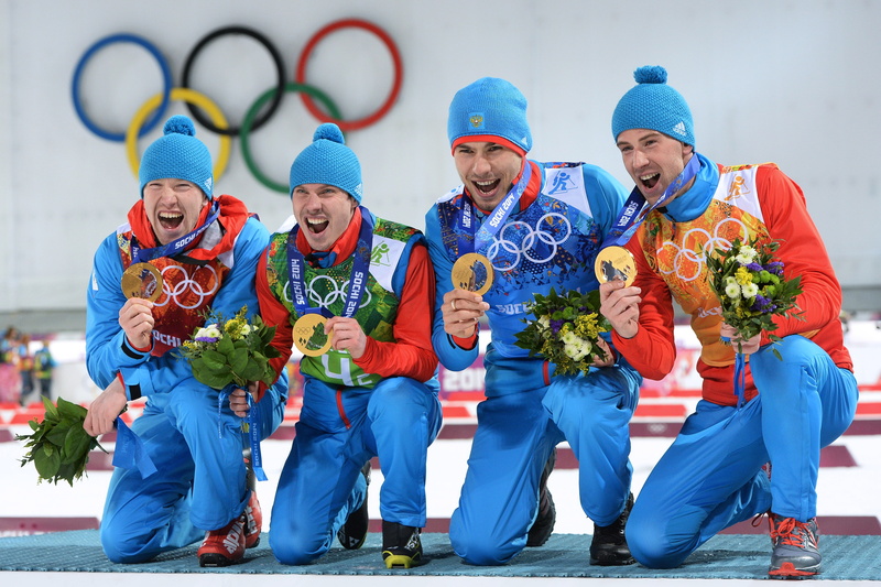 Russia, Evgeny Ustyugov, Sochi 2014, The XXII Winter Olympic Games, Champions, Anton Shipulin, medalists, 4K, gold, Biathlon relay, Dmitry Malyshko, olympics