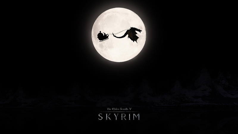 santa, Christmas, love, The Elder Scrolls V: Skyrim, Santa Claus, video games, 1080P, humor, dragon, Moon