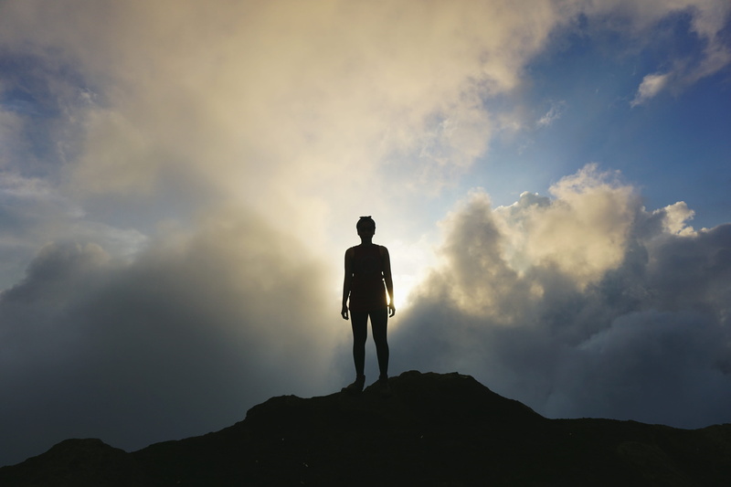 men, mountain peak, sillouette, girl, rear view, low angle view, tranquility, clouds, scenics - nature, silhouette, lonely, sky, gym, cloud - sky, skyline