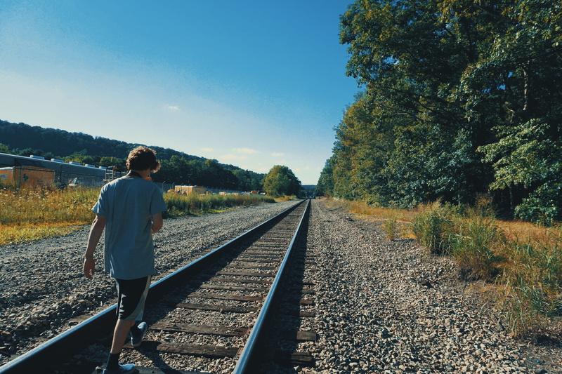 art, train tracks, train, tree, lifestyles, transportation, the way forward, hd, lost, united states, sky, plant, standing, gravel, beautiful, boy walking