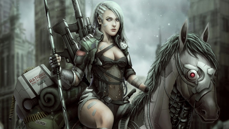 beautiful woman, clothing, Fallout 4, White Hair, hairstyle, Fantasy, adult, Horse, Post Apocalyptic, holding, Woman Warrior, one person, Women Warrior