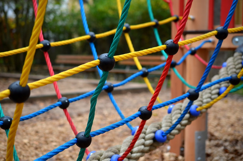 jungle gym, multi colored, green, net, hanging, childrens playground, blue, 4K, outdoor play equipment, focus on foreground, rope, balance, day, park