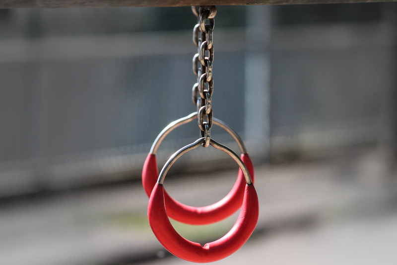 close-up, gymnastic rings, outdoors, focus on foreground, built structure, rings, 4K, metal, sport, strength training, architecture, game device, depend