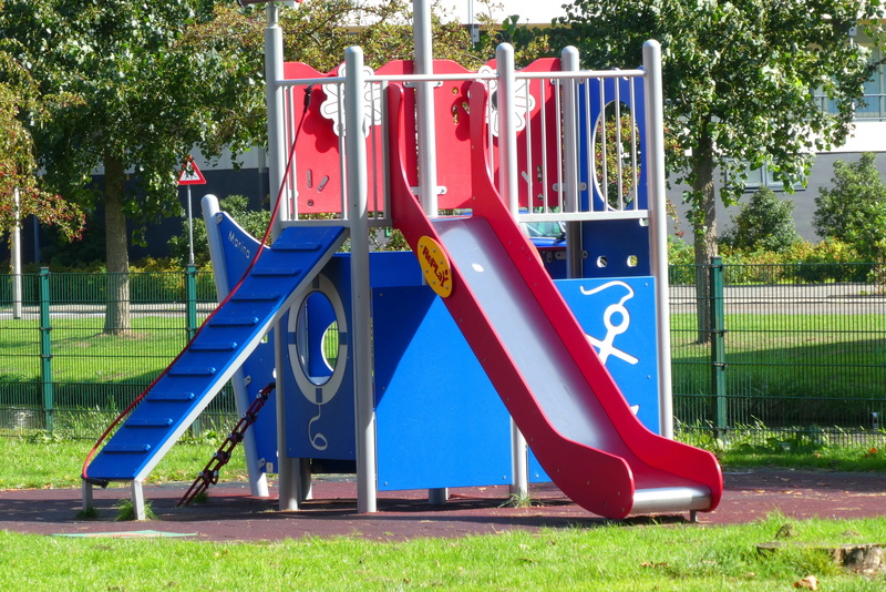 red, park, 2K, children, slide - play equipment, plant, playground, outdoors, absence, outdoor play equipment, tree, fun, klimtoestel, grass, park - man made space