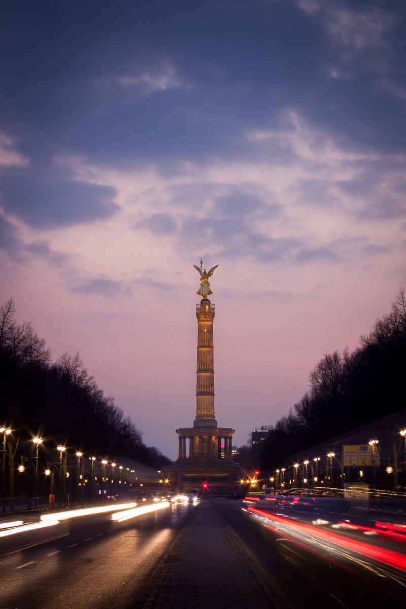 victory column, cars, tree, history, nature, light trail, sculpture, travel, germany, road, the past, architecture, berlin, high, statue, travel destinations