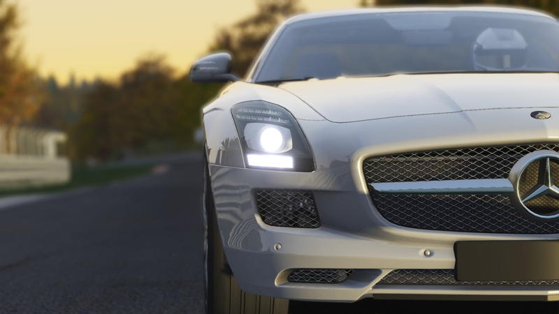 transportation, day, road, wealth, city, stationary, no people, car, headlight, 1080P, retro styled, metal, outdoors, Assetto Corsa, focus on foreground