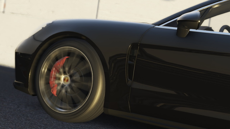 high angle view, tire, Assetto Corsa, motor vehicle, reflection, vintage car, Porsche Panamera, outdoors, day, land vehicle, focus on foreground, no people