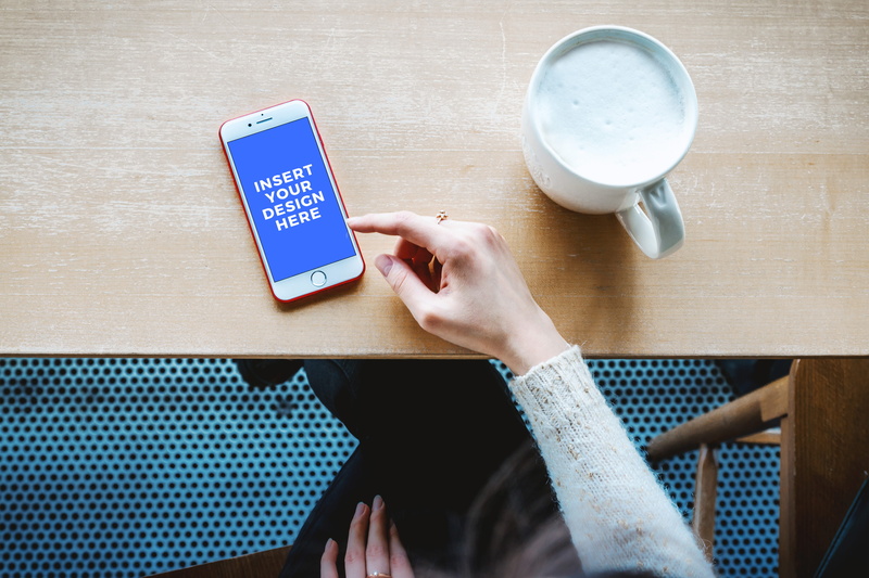 woman, human body part, human hand, coffee shop, coffee - drink, hand, coffee, mockup, smartphone, drink, table, indoors, holding, modern, one person, communication