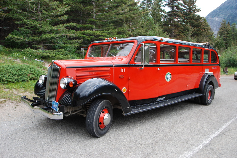 street, travel, tourist, tree, tourist attraction, raod, day, recreation, bus, tour, land vehicle, city, nature, glacier national park, no people, mode of transportation