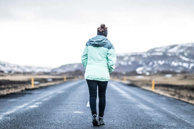 rear view, cold, exercising, adventure, woman, young adult, casual clothing, portrait, wearing, road, transportation, 5K, one person, jacket, clothing