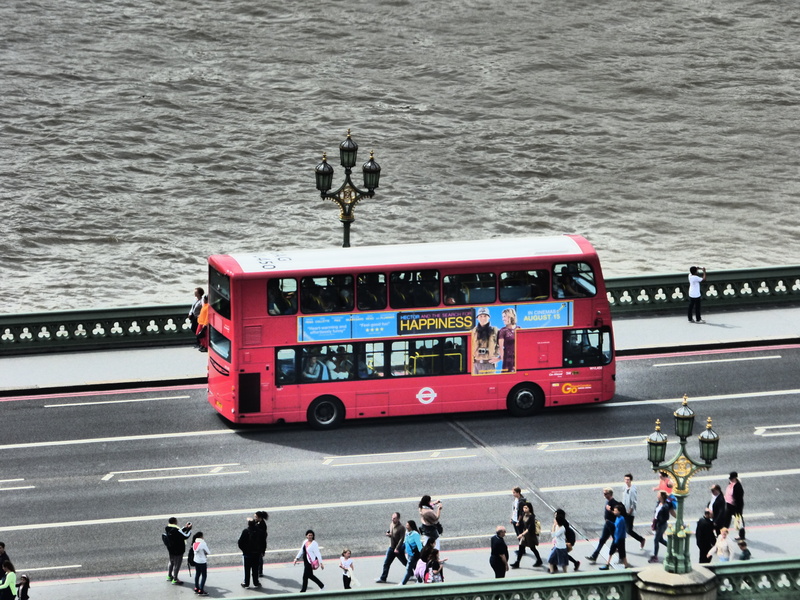 large group of people, high angle view, bus, road, uK, art, tourist, decker, double, water, traffic, urban Scene, passenger, group of people, double decker bus