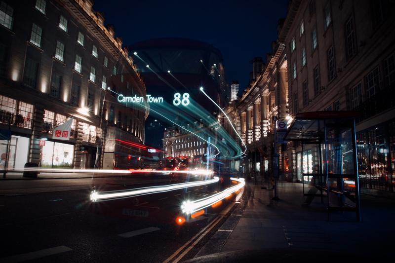 sign, night, time, blurred motion, road, pedestrian, city life, lapse, transportation, downtown, intersection, way, tarmac, light trail, bus, 5K, longexposure
