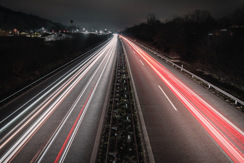 streak, lights, speed, red, architecture, road, multiple lane highway, high angle view, street, light streak, blurred motion, lightstreak, bluelight, the way forward