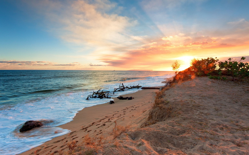 tranquility, tranquil Scene, island, dusk, sunrise - Dawn, orange color, morning, relaxation, travel, blue, scenics - nature, horizon, wave, no People