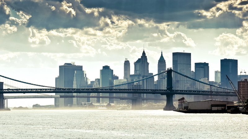 outdoors, office building exterior, brooklyn, building exterior, river, financial district, high view, skyscraper, built structure, cityscape, bridge - man made structure