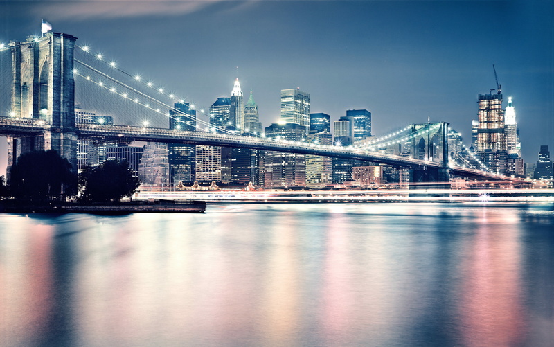 river, New York City, Manhattan, cityscape, 8K, bridge, city lights, Brooklyn Bridge, building