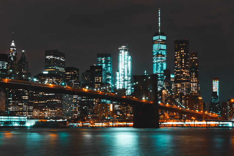 spire, outdoors, urban skyline, office building exterior, city, river, Brooklyn Bridge, reflection, cityscape, 5K, built structure, building exterior