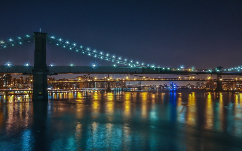 night, East River, waterfront, New York City, illuminated, river, cityscape, connection, water, nature, built structure, bridge, suspension bridge, architecture