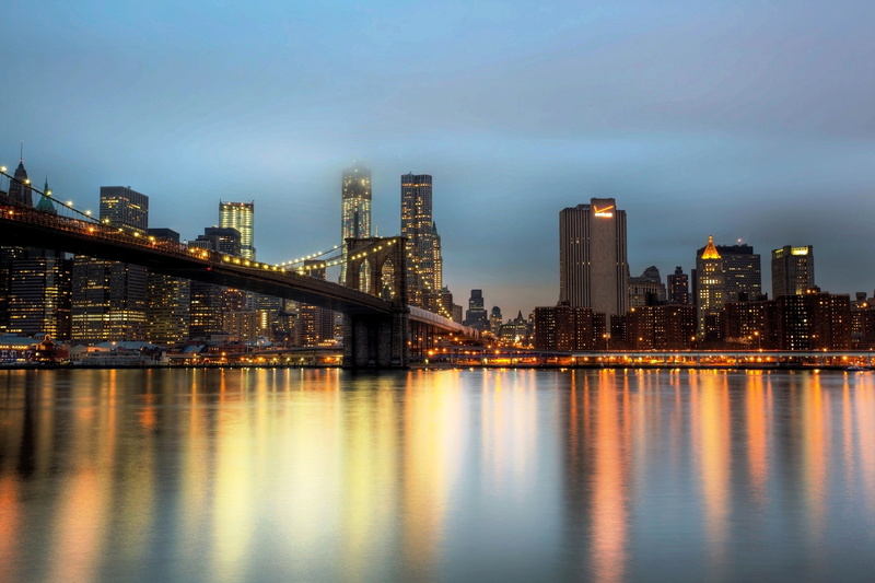 Brooklyn Bridge, river, york, new, East River, Night, Skyscrapers, New York City, east, NYC, city, 1080P, USA
