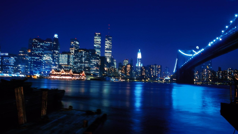 city, 1080P, bridge, manhattan, lights, river, lower, night, nature and landscapes, pre