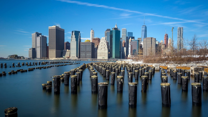 winter, metropolis, dock stumps, skyscraper, 4K, east river, brooklyn bridge park, river, cityscape, stump, stumps, daytime, lower manhattan, brooklyn