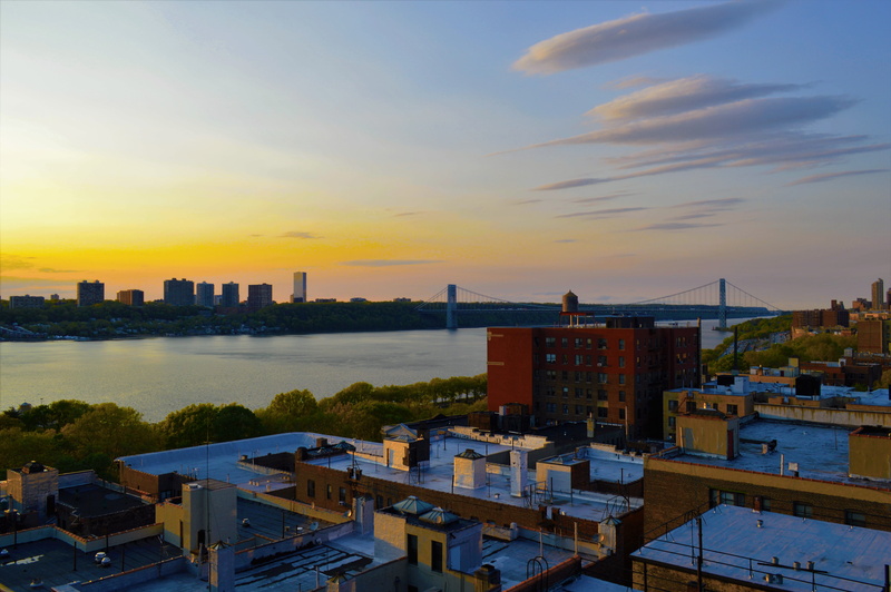 bay, architecture, city life, cityscape, bridge, built structure, cloud - sky, sky, george washington bridge, rooftop, river, skyscraper, nature, 5K, hudson river