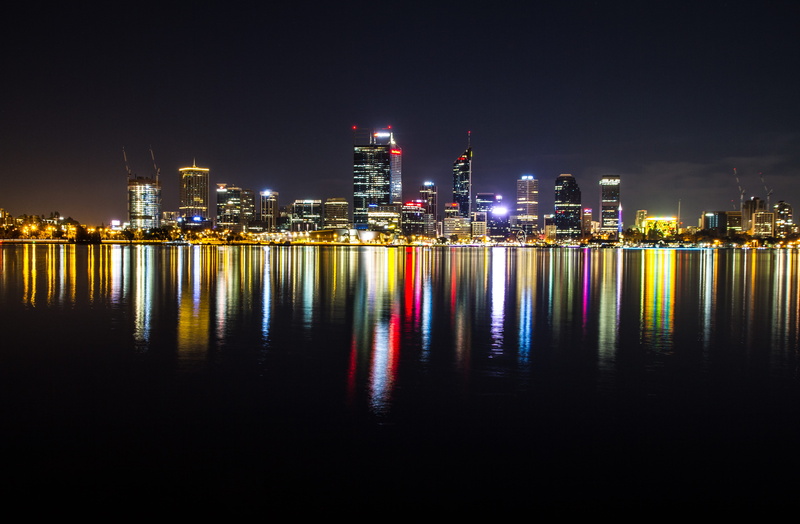 reflection, night, city, building exterior, skyscraper, buildings, office building exterior, copy space, cityscape, south perth foreshore, waterfront, western australia