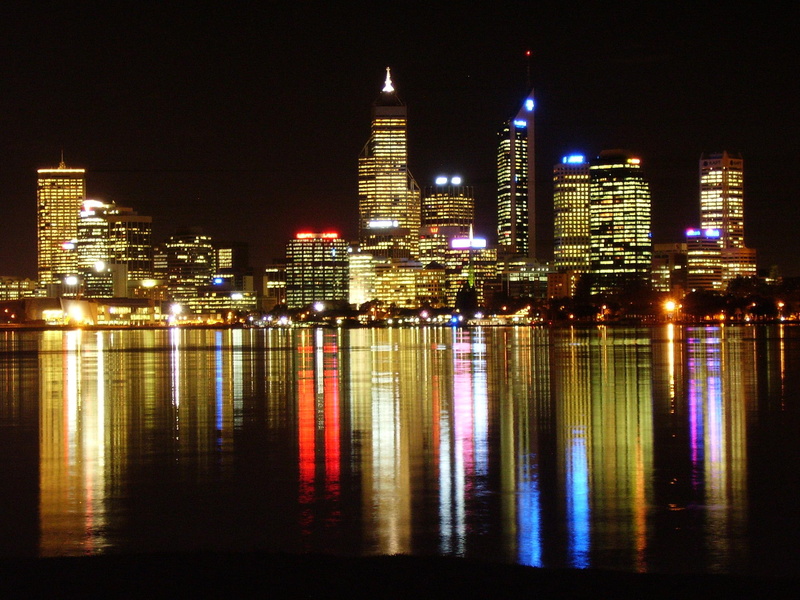 photo, reflection, night, high, rise, night lights, australia, buildings, city, harbour, 2K, animals, skyline, perth