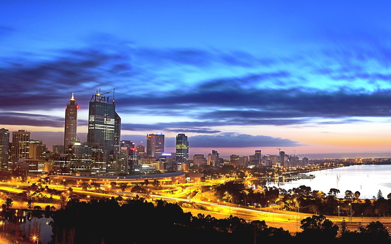 Night, Perth, Australia, Light, 1080P, Water, Cities