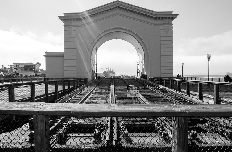 black and white, bridge, bay, travel, built structure, pier, track, arch, transportation, long, railroad track, sky, cloud - sky, architecture, Bay Area