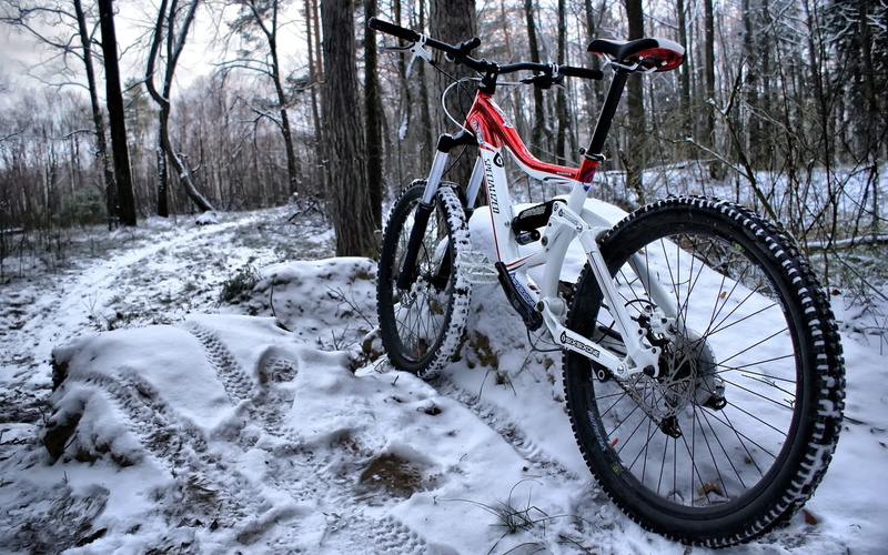 traces, tire, cold - Temperature, transportation, mountain bicycle, beauty in nature, cycling, wheel, field, frozen, sport, action, covering, day, land