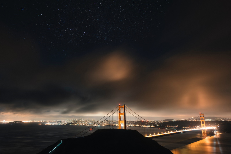 clouds, transportation, brown, sky, suspension bridge, night city, bay, cityscape, sea, city, san francisco, usa, outdoors, long exposure, built structure