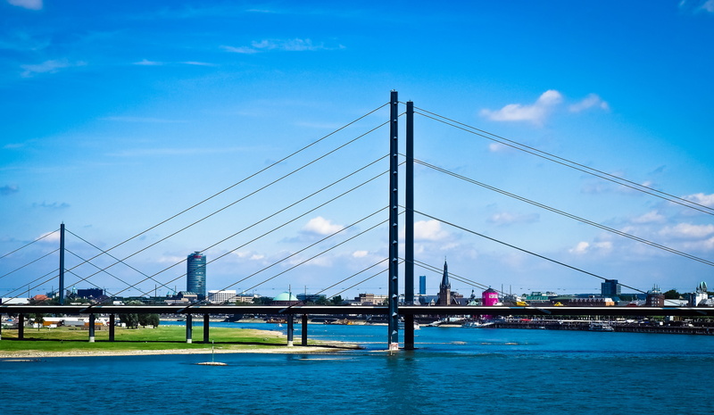 4K, bridge - man made structure, built structure, urban, blue, river, ropes, rheinbrücke, bridge construction, crossing, full, water, nature, daytime