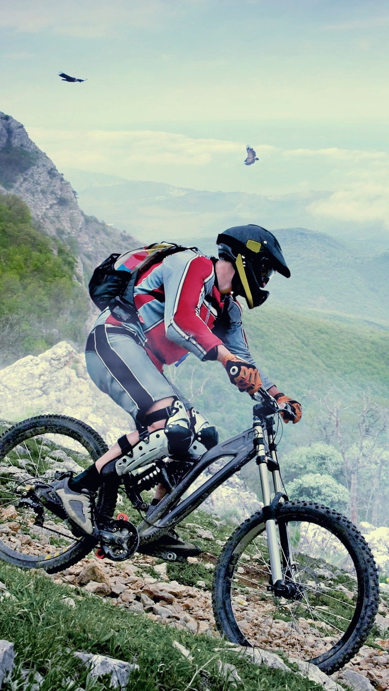 Bicycle, 1080P, suspension, adventure, full, bike, land, mode of transportation, flying, leisure activity, birds, motion, mountains, full length, riding