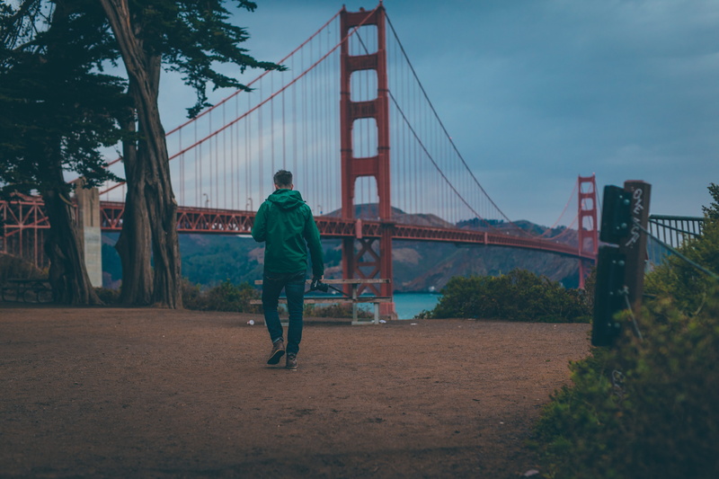rear view, gravel, full length, nature, tree, transportation, 5K, jacket, golden gate bridge, san francisco, front, man, bridge, built structure, men