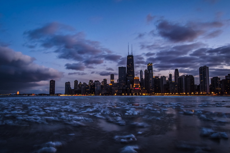 clouds, the sky, International hotel and trump tower, lake Michigan, Franklin Center, Il, lake, twilight, The John Hancock Center, frozen, 1080P, 900 North Michigan