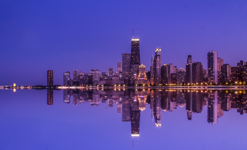mirror, reflection, lake Michigan, Chicago, lights, 1080P, Il, the sky, night, United States, 900 North Michigan, twilight, International hotel and trump tower