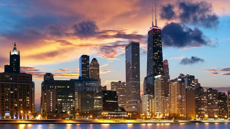 skyline, illuminated, urban skyline, landscape, cloud - sky, ilinois, downtown, downtown district, metropolis, landmark, no people, urban area, 1080P