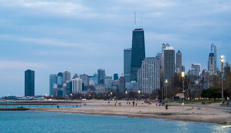skyscrape, shore, tower, trail, boat, tall - high, built structure, chicago, united states, john hancock, office building exterior, dawn, building, modern