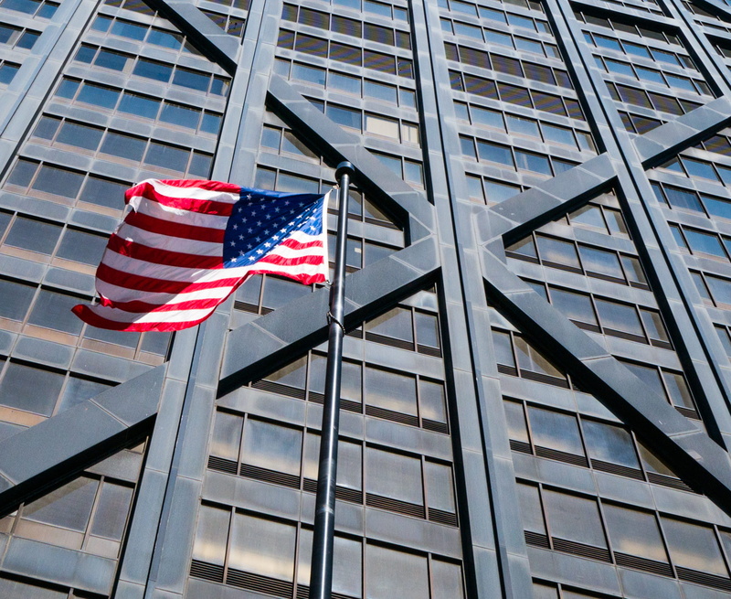 american, low angle view, no people, stars, built structure, 2K, office, windows, patriotism, john hancock building, office building exterior, day, chicago